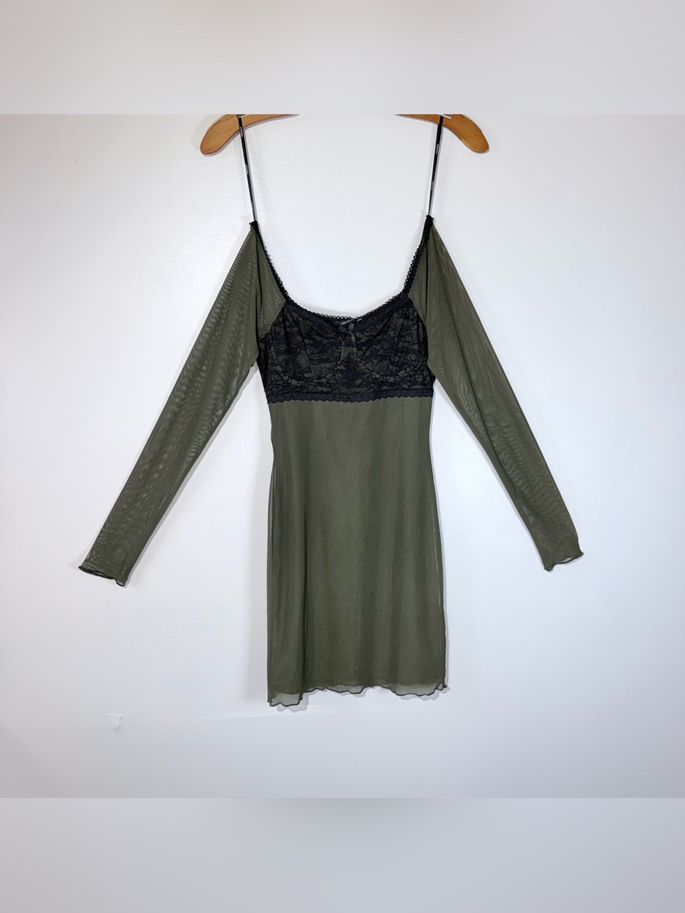 Forever 21 Olive Green Long Sleeve Lace-Trim Slip Dress Size XS NWT